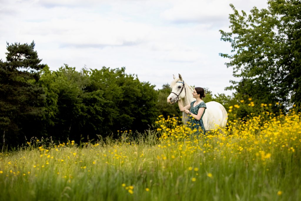 Woman equestrian and her grey horse standing in a yellow butterup field in Milton Keynes